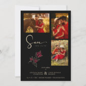 Romantische rood goud takken 3 foto's collage save the date (Voorkant)
