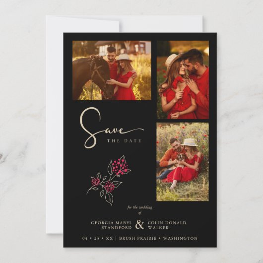 Romantische rood goud takken 3 foto's collage save the date (Voorkant)