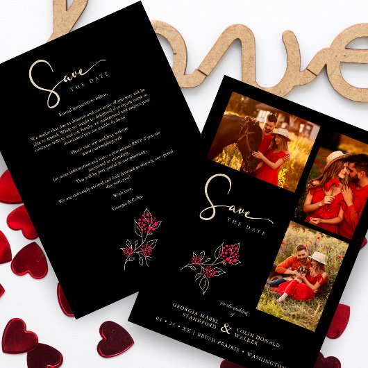 Romantische rood goud takken 3 foto's collage save the date