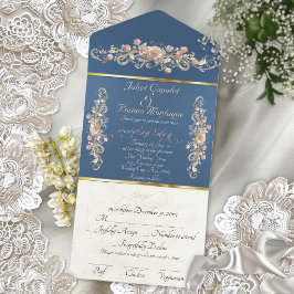 Romantische Roos Boog Randen & Calligrafie - Blauw All In One Uitnodiging