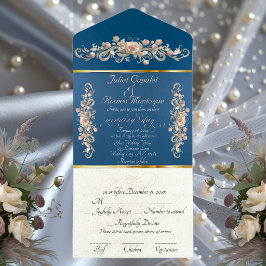 Romantische Roos Boog Randen & Calligrafie - Blauw All In One Uitnodiging