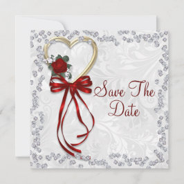 Romantische Roos, Diamanten & Rode Lint Huwelijk Save The Date