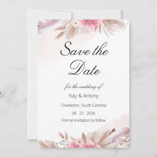 Romantische Roos en Champagne Boho Bruiloft  Save  The Date (Voorkant)