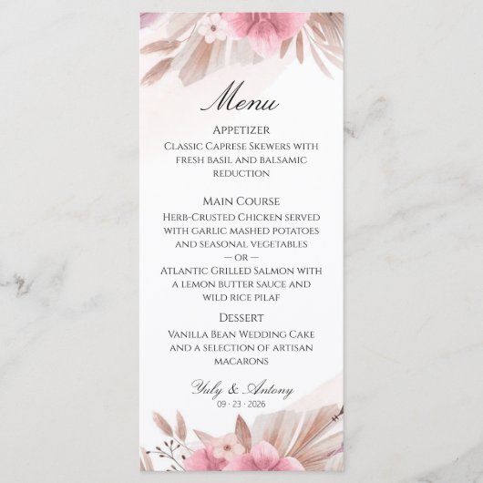 Romantische Roos en Champagne Boho Chic Trouwmenu Menu (Voorkant)