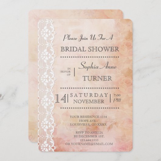 Romantische Roos en Lace BRIDAL SHOWER-uitnodiging Kaart (Voorkant / Achterkant)