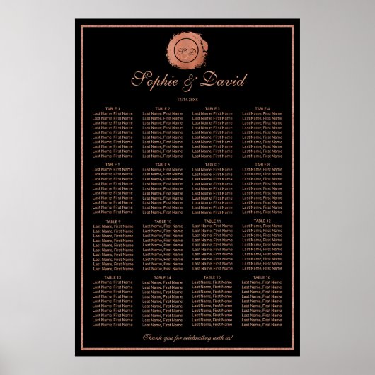 Romantische Roos Gold Monogram Weddenschap Grafiek Poster (Voorkant)