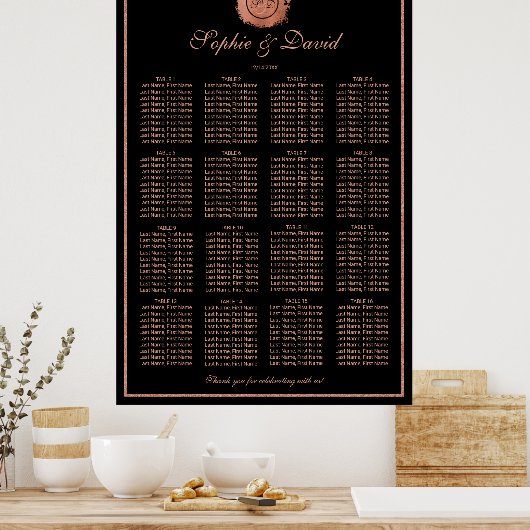 Romantische Roos Gold Monogram Weddenschap Grafiek Poster (Keuken)