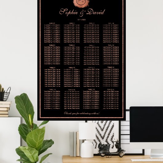 Romantische Roos Gold Monogram Weddenschap Grafiek Poster (Thuiskantoor)