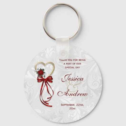 Romantische Roos, Gouden Hart & Rode Lint Sleutelhanger (Voorkant)