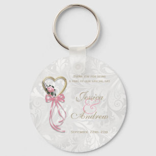 Romantische Roos, Gouden Hart & Roze Lint Sleutelhanger