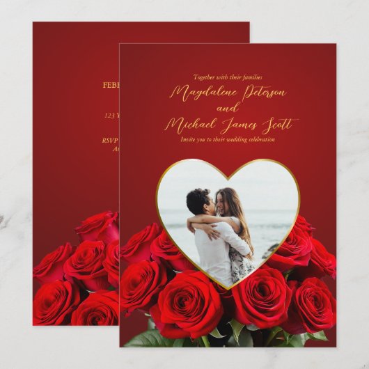 Romantische Rose Boeket Hart Lijst Foto Huwelijk Kaart (Voorkant / Achterkant)