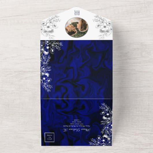 Romantische Royal Blue Floral bruiloft uitnodiging (Buitenkant)