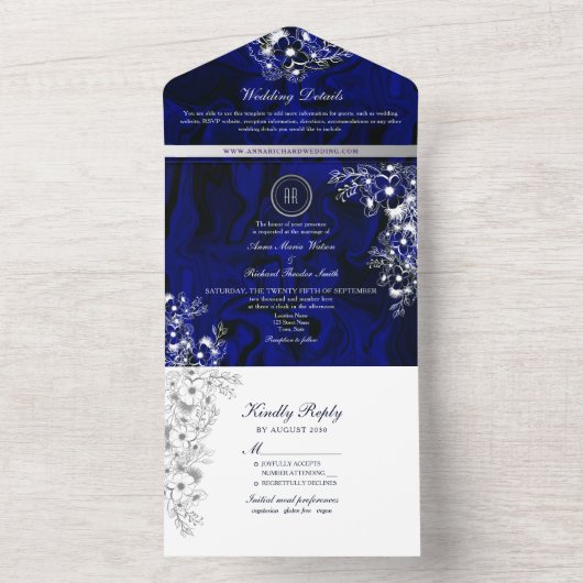Romantische Royal Blue Floral bruiloft uitnodiging (Binnen)