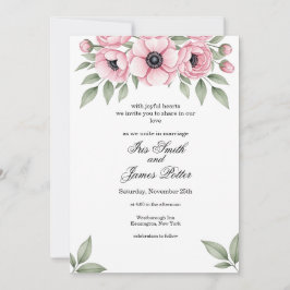 Romantische roze aquarel anemoon bloemige bruiloft kaart