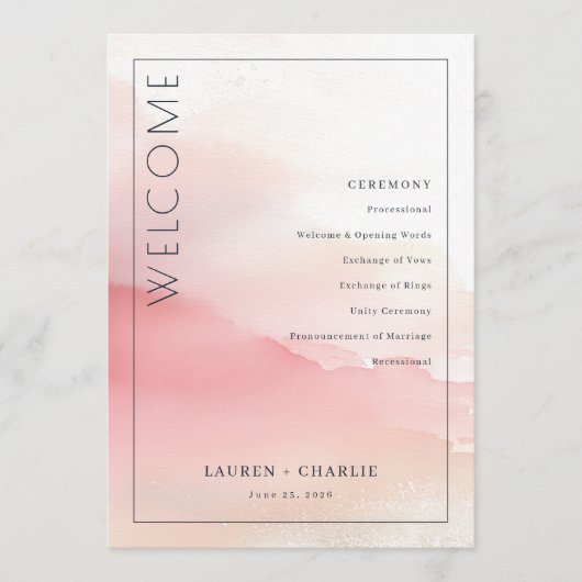 Romantische Roze Aquarel Ceremonie Schema Programmakaart (Voorkant)