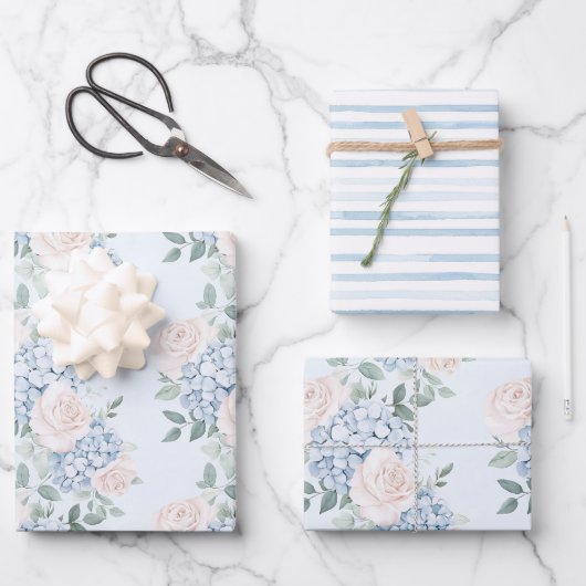 Romantische Roze Blauwe Bloemen Bruidsmeisjesfeest Inpakpapier Vel (Voorkant)