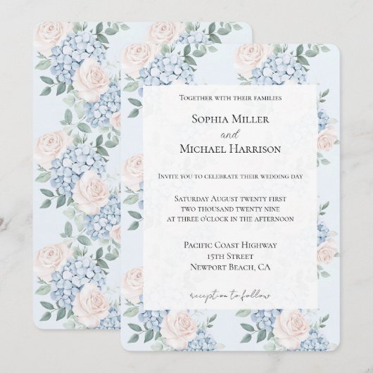 Romantische roze blauwe bloemen bruiloft kaart (Voorkant / Achterkant)