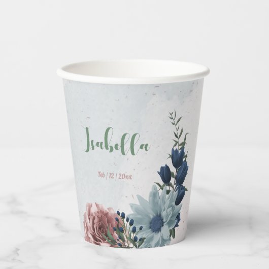 Romantische roze blauwe bloemen groen  papieren bekers (Voorkant)