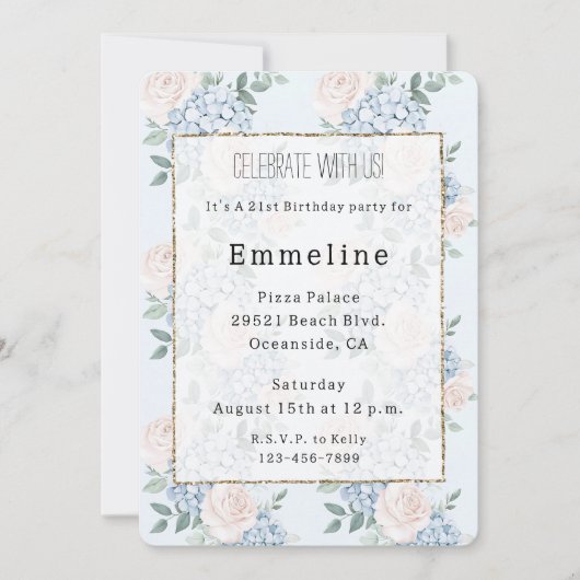 Romantische roze blauwe bloemen Verjaardag Kaart (Voorkant)