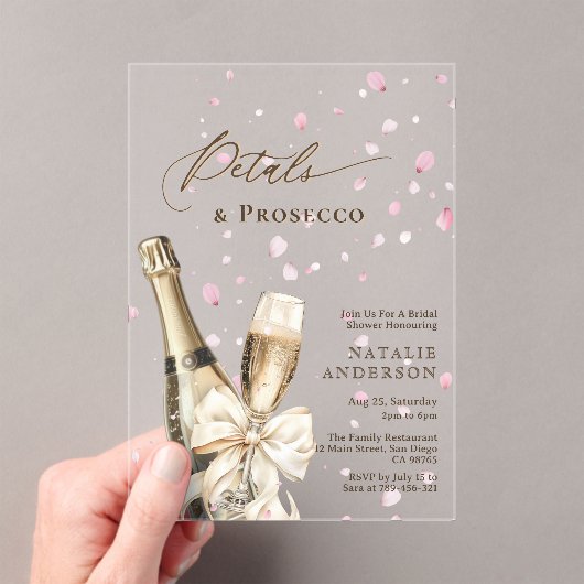 Romantische roze bloemblaadjes Prosecco Bow Vrijge Acryl Uitnodigingen (Insitu (Draagbaar))