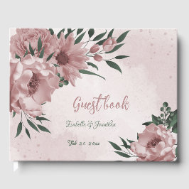 Romantische roze bloemen & groene bladeren bruilof gastenboek