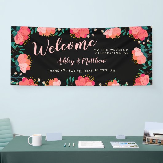 Romantische Roze Bloemen Huwelijk Welkom Spandoek (Beurs)