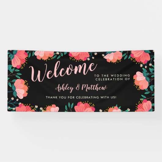 Romantische Roze Bloemen Huwelijk Welkom Spandoek (Horizontaal)