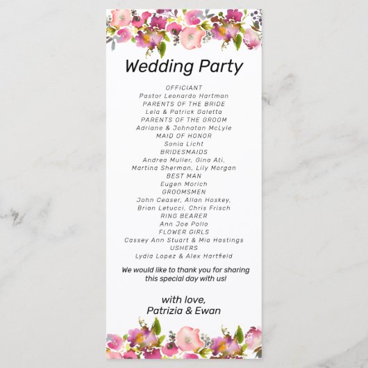 Romantische Roze Bloemen Randen Trouwflat Programmakaart (Achterkant)