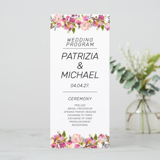 Romantische Roze Bloemen Randen Trouwflat Programmakaart (Staand voorkant)