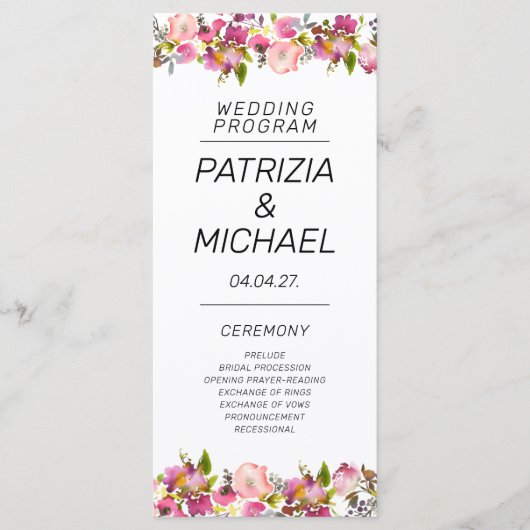 Romantische Roze Bloemen Randen Trouwflat Programmakaart (Voorkant)