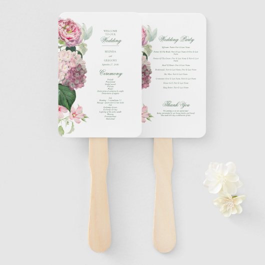 Romantische Roze Bloemen Tuin Trouwprogramma Handwaaier (Voorkant en achterkant)