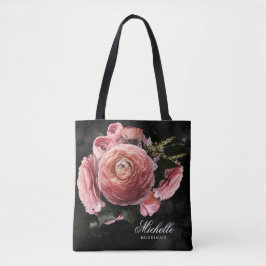 Romantische roze bloemenboeket op zwart tote bag