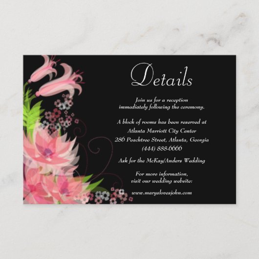 Romantische roze bloemenbruiloft details informatiekaartje (Voorkant)