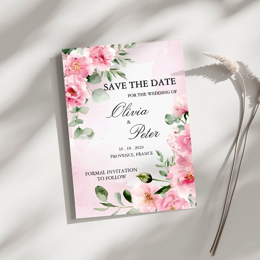 Romantische Roze Bloemige Bewaar de Datum Kaart