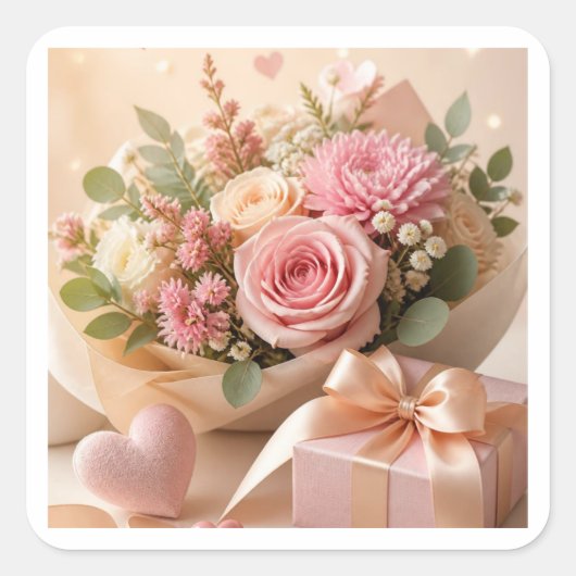 Romantische Roze Bloemige Cadeausticker Vierkante Sticker (Voorkant)