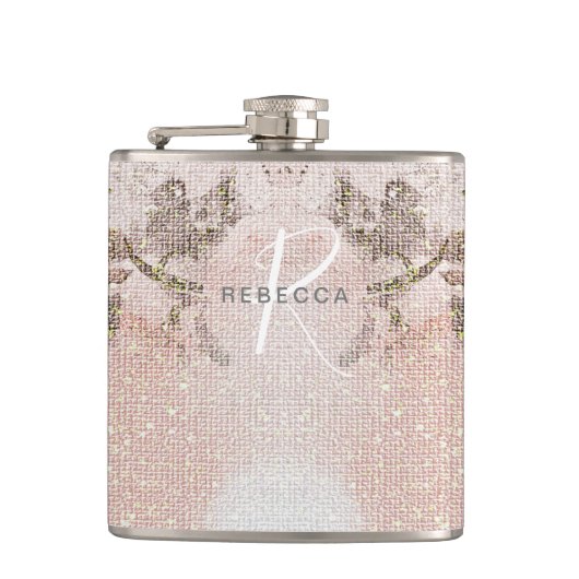 Romantische Roze Bloemige Monogram Fles Heupfles (Voorkant)