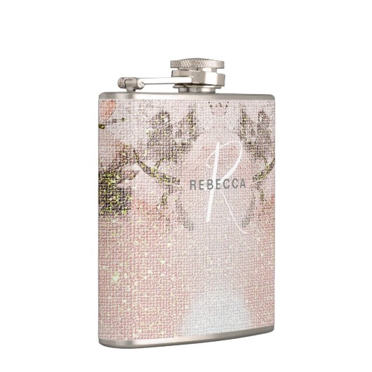 Romantische roze bloemige monogramfles heupfles (Rechts)