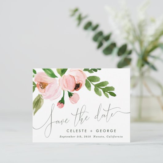 romantische roze bloemige save the date aankondigi feestdagenkaart (Staand voorkant)