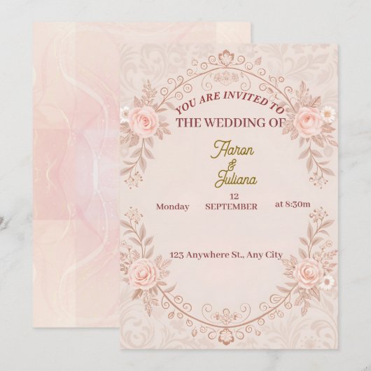Romantische Roze Bloemige Trouw Uitnodiging (Voorkant / Achterkant)
