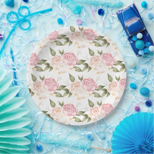 Romantische Roze Bloemige Waterverf Script Bruilof Papieren Bordje (Feest)