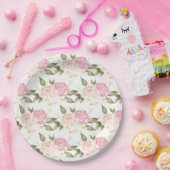 Romantische Roze Bloemige Waterverf Script Bruilof Papieren Bordje (Feest)