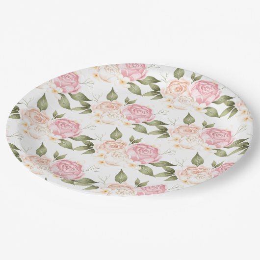 Romantische Roze Bloemige Waterverf Script Bruilof Papieren Bordje (Gekanteld)