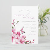 Romantische Roze Bloesem Vlinder Bruiloft Kaart (Staand voorkant)