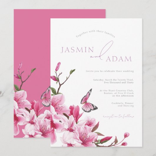 Romantische Roze Bloesem Vlinder Bruiloft Kaart (Voorkant / Achterkant)