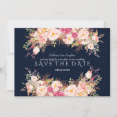 Romantische Roze Blush Bloemen Marineblauwe Trouwd Save The Date (Voorkant)