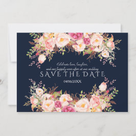 Romantische Roze Blush Bloemen Marineblauwe Trouwd Save The Date