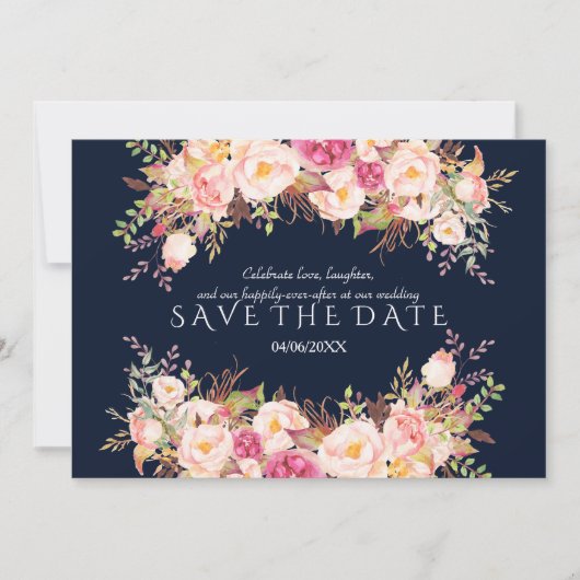 Romantische Roze Blush Bloemen Marineblauwe Trouwd Save The Date (Voorkant)