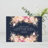 Romantische Roze Blush Bloemen Marineblauwe Trouwd Save The Date (Staand voorkant)