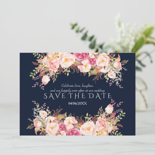 Romantische Roze Blush Bloemen Marineblauwe Trouwd Save The Date (Staand voorkant)
