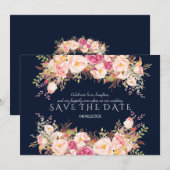 Romantische Roze Blush Bloemen Marineblauwe Trouwd Save The Date (Voorkant / Achterkant)